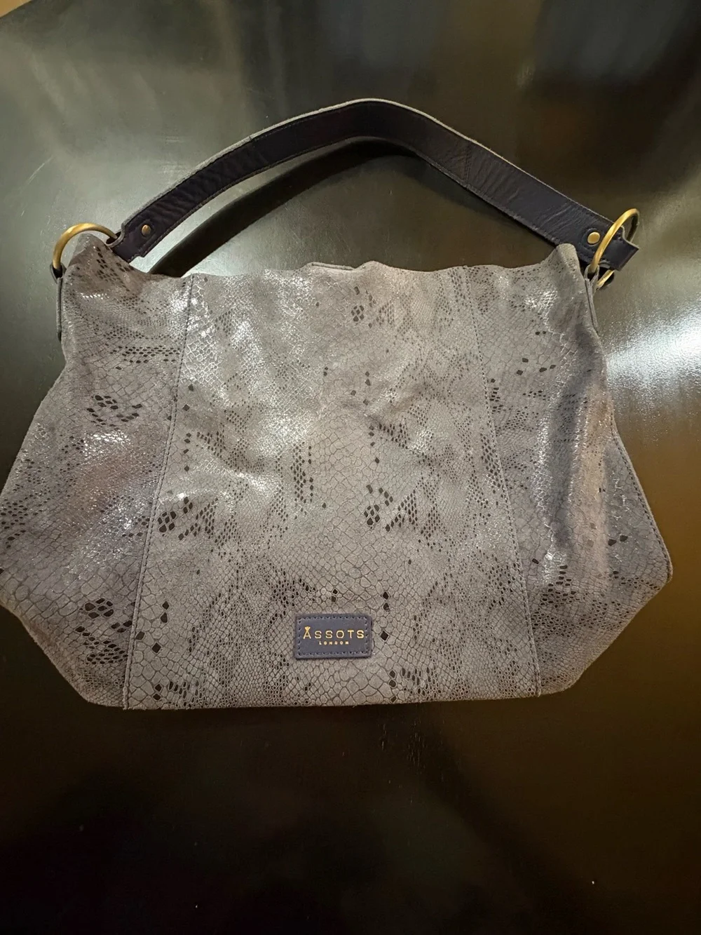 Assots of London ‘Esme’ Suede Python Print Hobo Bag with Gold Rings NWOT